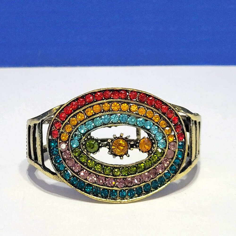 Vintage Rainbow Rhinestone Clamper Bangle Statement Bracelet